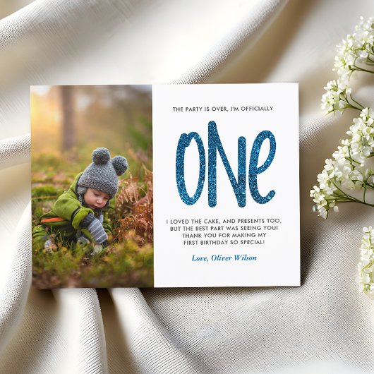 Blue Faux Glitter 1e verjaardag Dank u Briefkaart