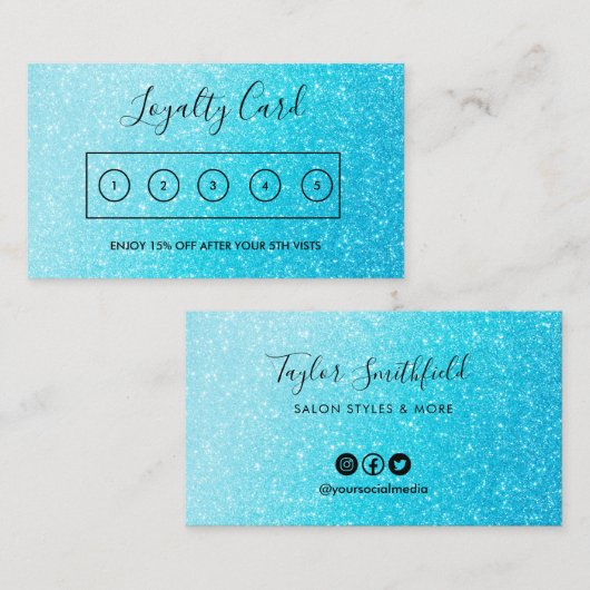 Blue Faux Glitter Custom Loyalty Kaart Visitekaartje (Voorkant / Achterkant)