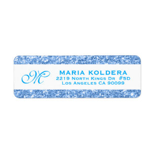Blue Faux Glitter Custom Monogram Etiket