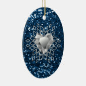 Blue Faux Glitter Diamond Heart Snowflake Keramisch Ornament (Rechts)