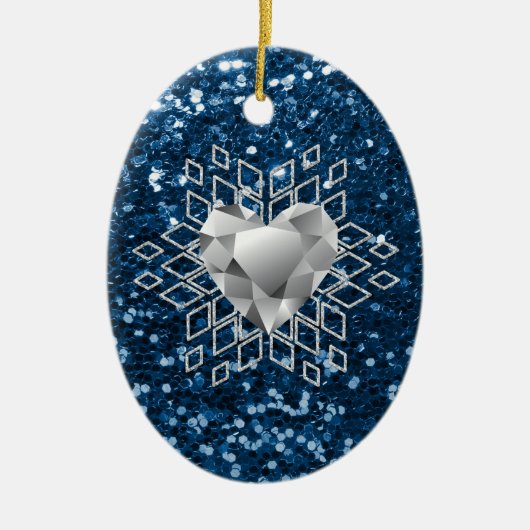 Blue Faux Glitter Diamond Heart Snowflake Keramisch Ornament (Voorkant)