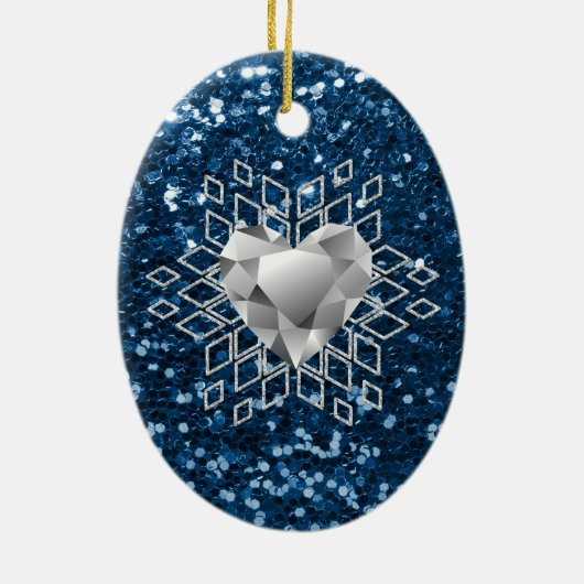 Blue Faux Glitter Diamond Heart Snowflake Keramisch Ornament (Achterkant)