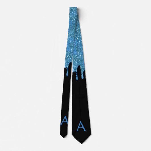 Blue Faux Glitter Drip Black Monogram Stropdas (Achterkant)