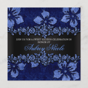 Blue Faux Glitter en Velvet Floral Sweet Sixteen Kaart