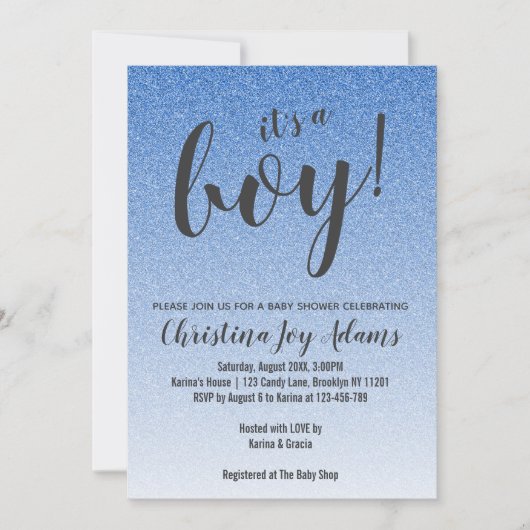 Blue Faux Glitter Gold Ombre Boy Baby shower Kaart (Voorkant)