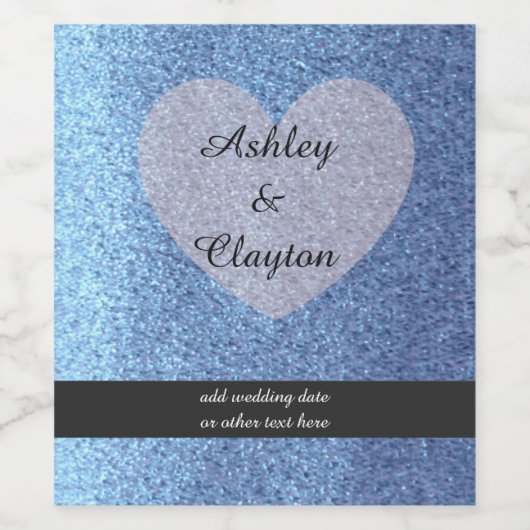 Blue Faux Glitter met hart Wijn Etiket (Enkel label)