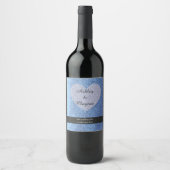 Blue Faux Glitter met hart Wijn Etiket (Voorkant)