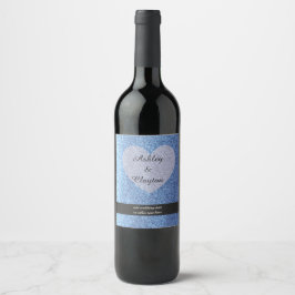 Blue Faux Glitter met hart Wijn Etiket