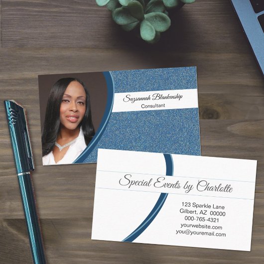 Blue Faux Glitter met Professional Custom Photo Visitekaartje