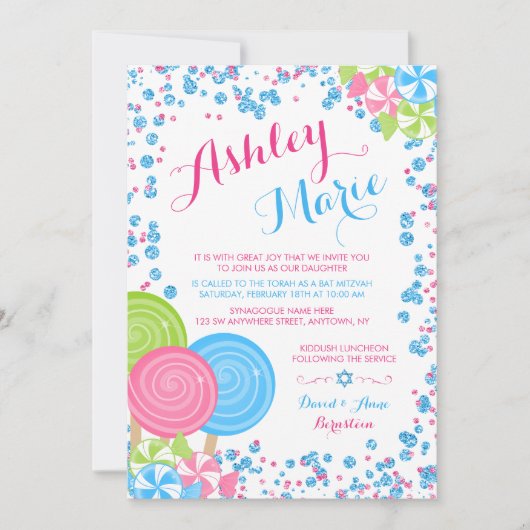 Blue Faux Glitter Snoep Bat Mitzvah Kaart (Voorkant)