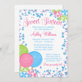 Blue Faux Glitter Snoep Theme Sweet 16 Kaart (Voorkant / Achterkant)