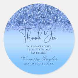 Blue Faux Glitter Sweet 16 Birthday Dank je Ronde Sticker