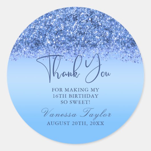 Blue Faux Glitter Sweet 16 Birthday Dank je Ronde Sticker (Voorkant)