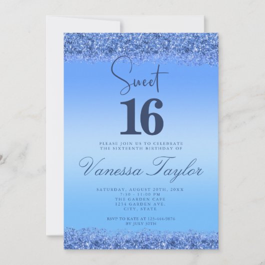 Blue Faux Glitter Sweet 16 Birthday Invitation Kaart (Voorkant)