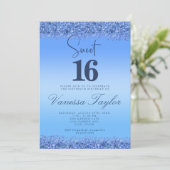 Blue Faux Glitter Sweet 16 Birthday Invitation Kaart (Staand voorkant)
