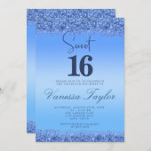 Blue Faux Glitter Sweet 16 Birthday Invitation Kaart (Voorkant / Achterkant)