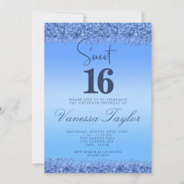 Blue Faux Glitter Sweet 16 Birthday Invitation Kaart