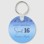 Blue Faux Glitter Sweet 16 Keepsake Party Gast Sleutelhanger (Voorkant)