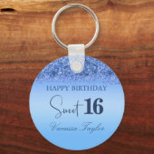 Blue Faux Glitter Sweet 16 Keepsake Party Gast Sleutelhanger (Voorkant)