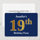 Blue, Faux Gold 19th Birthday Party + aangepaste n Kaart (Voorkant / Achterkant)