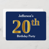 Blue, Faux Gold 20th Birthday Party + aangepaste n Kaart (Voorkant / Achterkant)
