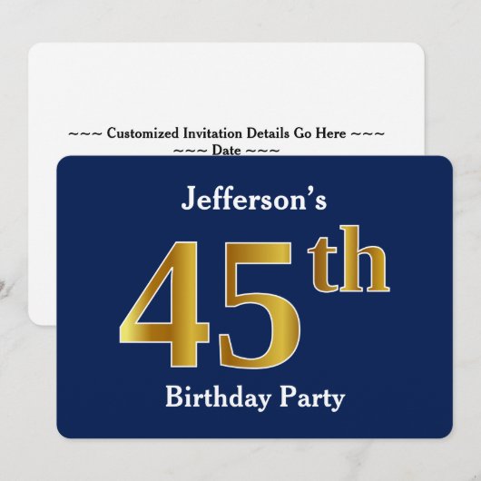 Blue, Faux Gold 45th Birthday Party + aangepaste n Kaart (Voorkant / Achterkant)