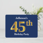 Blue, Faux Gold 45th Birthday Party + aangepaste n Kaart (Staand voorkant)