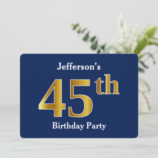 Blue, Faux Gold 45th Birthday Party + aangepaste n Kaart (Staand voorkant)