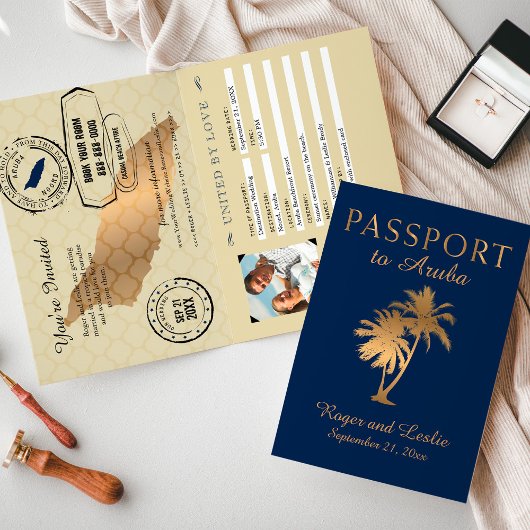 Blue Faux Gold Foil Aruba Passport Weddenschap