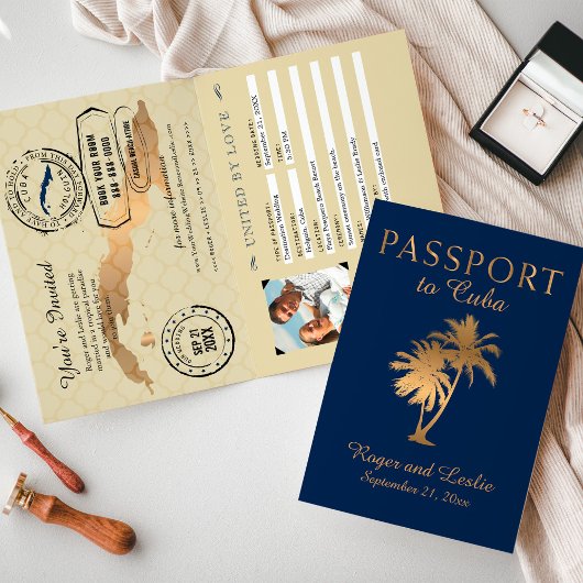 Blue Faux Gold Foil Cuba Wedding Passport