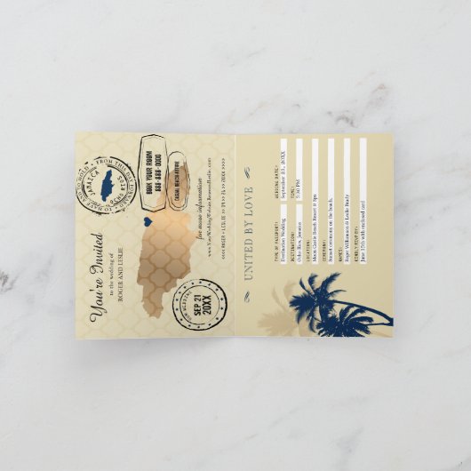 Blue Faux Gold Foil Jamaica Wedding Passport invit (Binnen)