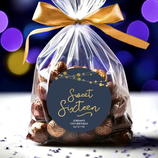 Blue Faux Gold Strings of Lights 16 Birthday Ronde Sticker