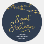 Blue Faux Gold Strings of Lights 16 Birthday Ronde Sticker (Voorkant)