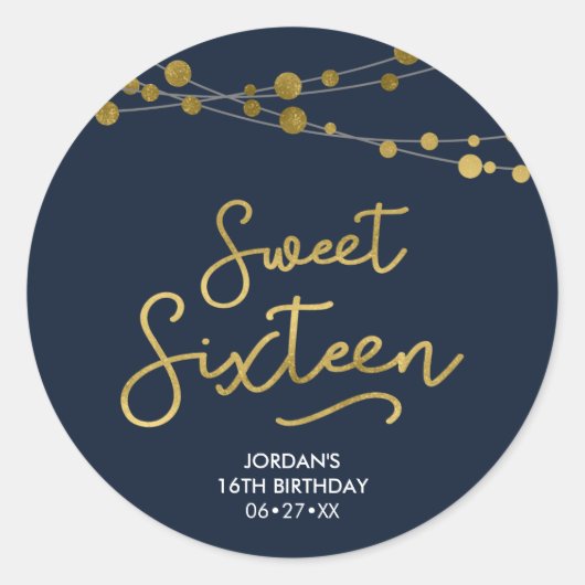 Blue Faux Gold Strings of Lights 16 Birthday Ronde Sticker (Voorkant)