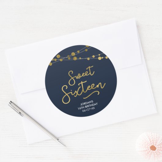 Blue Faux Gold Strings of Lights 16 Birthday Ronde Sticker (Envelop)
