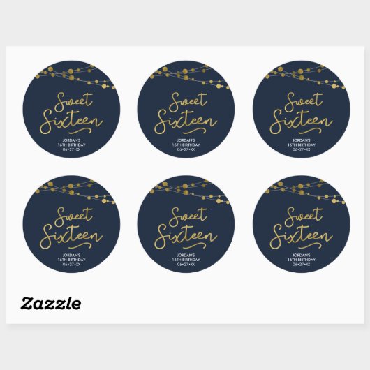 Blue Faux Gold Strings of Lights 16 Birthday Ronde Sticker (Vel)