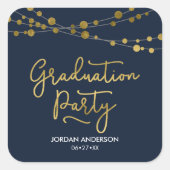 Blue Faux Gold Strings of Lights Graduation Party Vierkante Sticker (Voorkant)