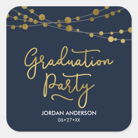 Blue Faux Gold Strings of Lights Graduation Party Vierkante Sticker (Voorkant)