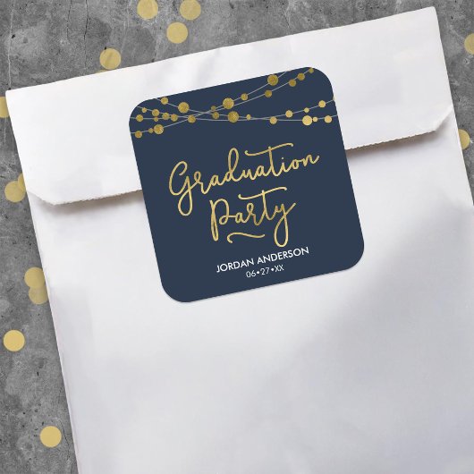 Blue Faux Gold Strings of Lights Graduation Party Vierkante Sticker