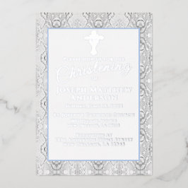 Blue Faux Lace Baptism/Christening Folie Uitnodiging