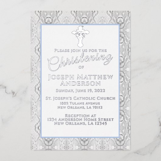 Blue Faux Lace Baptism/Christening Folie Uitnodiging (Voorkant)