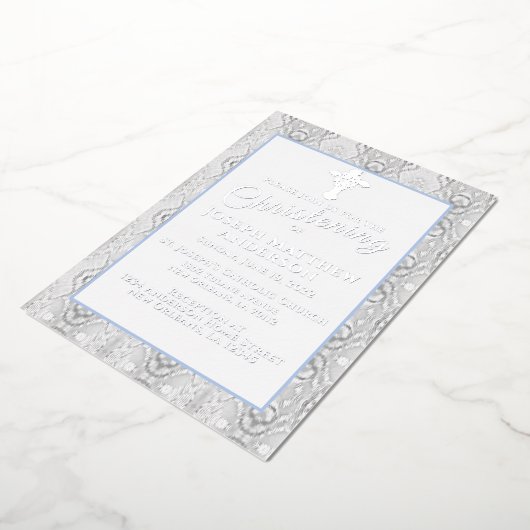 Blue Faux Lace Baptism/Christening Folie Uitnodiging (Gedraaid)