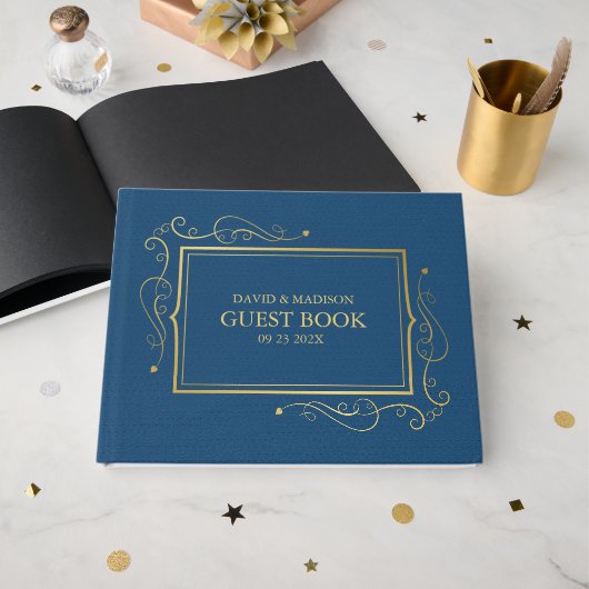 Blue Faux Leather Gold Lijst Guest Book 2 Gastenboek (Voorkant open)