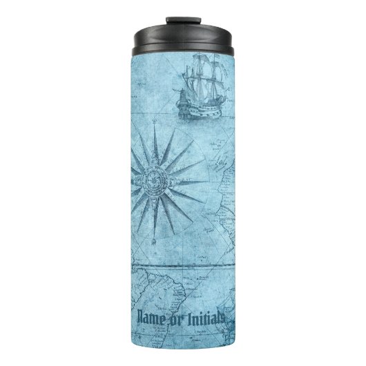 Blue Faux Old Wereldkaart Design, Thermal Tumbler Thermosbeker (Voorkant)
