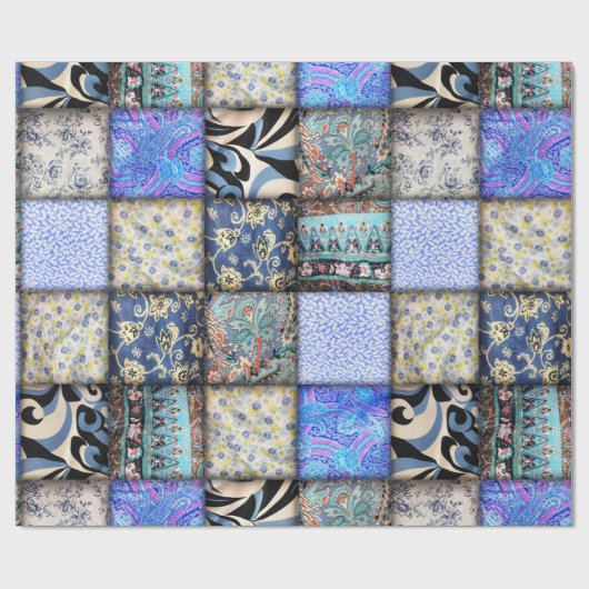 Blue Faux Patchwork Quilting Pattern Cadeaupapier (Vlak)