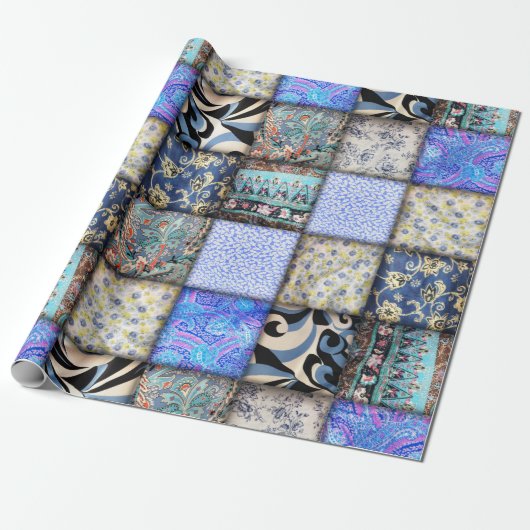 Blue Faux Patchwork Quilting Pattern Cadeaupapier (Uitgerold)