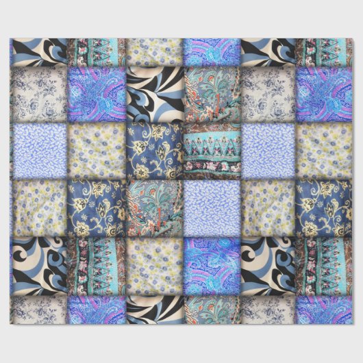 Blue Faux Patchwork Quilting Pattern Cadeaupapier (Vlak)