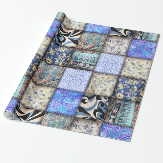 Blue Faux Patchwork Quilting Pattern Cadeaupapier (Uitgerold)