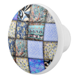 Blue Faux Patchwork Quilting Pattern Keramische Knop