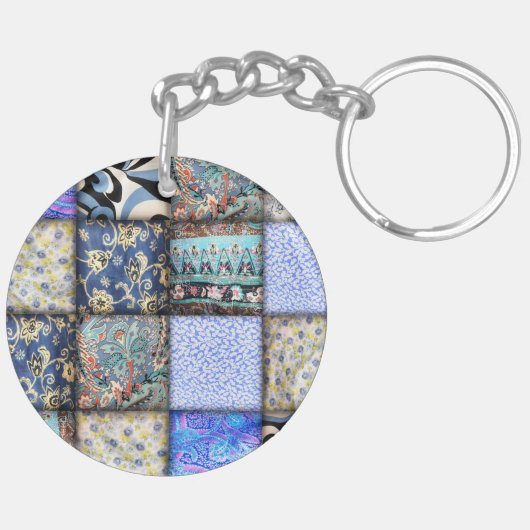 Blue Faux Patchwork Quilting Pattern Sleutelhanger (Achterkant Rechts)